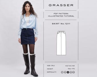 May include: A dark blue denim skirt with white contrast stitching, paired with a light blue button-down shirt and black tights. The image includes text: GRASSER, PDF PATTERN + ILLUSTRATED TUTORIAL, SKIRT No.1211, SIZE (RU) 42/44/46, HEIGHT 164-170.
