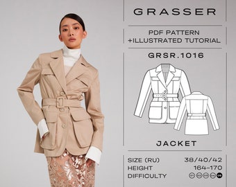 May include: A beige jacket with a belt, two large pockets, and a button closure. The jacket is shown on a model and is part of a sewing pattern. The pattern is called "GRSR.1016" and is available in sizes 38, 40, and 42. The pattern is for a height of 164-170 cm. The difficulty level is rated 4 out of 4.