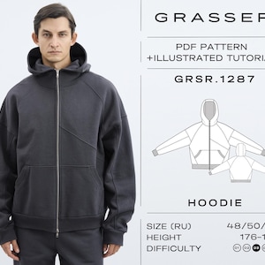Może przedstawiać: Ciemnoszara bluza z kapturem zapinana na zamek z kapturem i przednimi kieszeniami. Obraz zawiera schemat bluzy z kapturem oraz tekst "GRASSER PDF PATTERN + ILLUSTRATED TUTORIAL GRSR.1287 HOODIE". Rozmiar to 48/50/52, a wzrost to 176-182 cm.