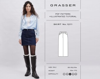 May include: A PDF pattern and illustrated tutorial for Skirt No. 1211 by Grasser. The image displays a dark blue denim skirt with white contrast stitching, a button closure, and pockets, alongside a technical line drawing of the skirt design.