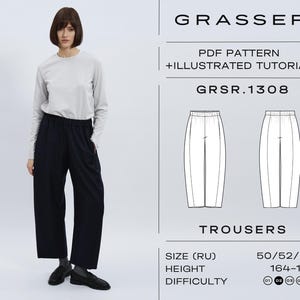 Könnte beinhalten: Eine Person trägt ein hellgraues Langarmshirt und eine marineblaue Hose. Das Bild zeigt auch ein PDF-Muster mit einer illustrierten Anleitung für Hosen, mit dem Text "GRASSER" und "GRSR.1308".