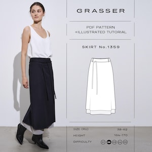 Puede incluir: Un patrón de costura en PDF para la falda n.º 1359 de Grasser, con tutorial ilustrado. La imagen muestra una falda midi negra con cintura de lazo, una camiseta sin mangas blanca y botas negras, junto a un dibujo técnico de la falda.