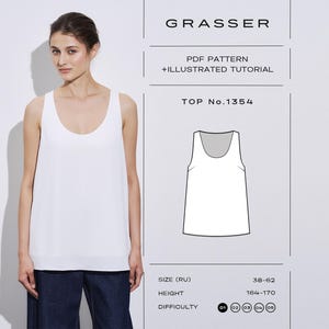Puede incluir: Una camiseta blanca sin mangas con cuello redondo. La imagen incluye un dibujo técnico de la prenda etiquetado como GRASSER, PDF PATTERN + ILLUSTRATED TUTORIAL, TOP No.1354, con rango de tallas 38-62, altura 164-170 y nivel de dificultad 01.