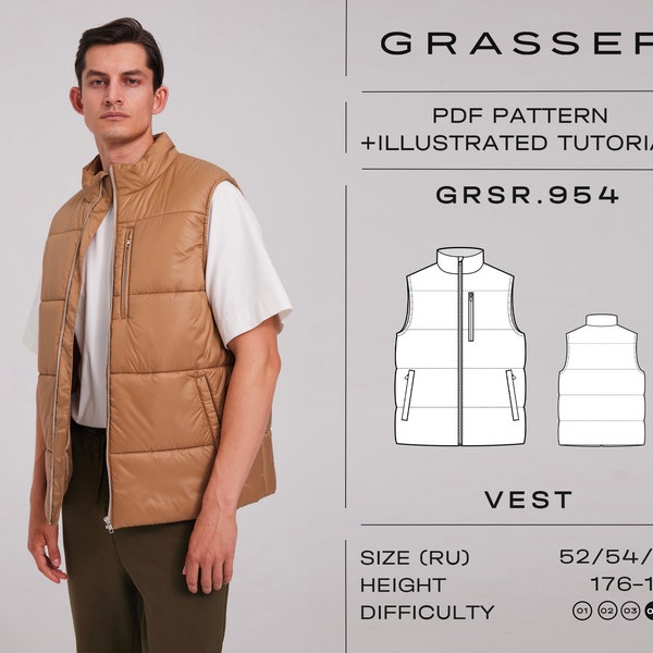 Puffer vest pdf sewing pattern for men | sizes 52 / 54 / 56 (RU) | model No. 954