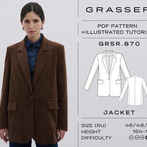 Patrón de costura para blazer extragrande en PDF / Tallas 46 / 48 / 50 (RU) / Patrón Grasser n.° 870