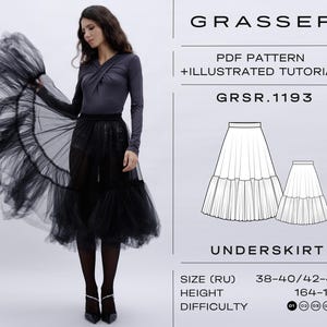 May include: A PDF sewing pattern for a black tulle underskirt with multiple layers. The pattern includes an illustrated tutorial and is for sizes 38-40 or 42-44 (Russian sizing) and heights 164-170 cm. The difficulty level is rated 01-08.