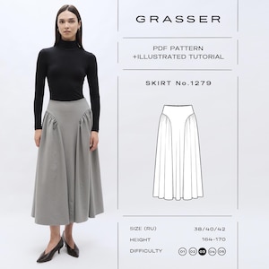 Puede incluir: Un patrón de costura en PDF para la falda n.º 1279 de Grasser, con un tutorial ilustrado. El diseño muestra una falda midi gris con paneles laterales fruncidos. El texto incluye GRASSER, PDF PATTERN + ILLUSTRATED TUTORIAL, SKIRT No. 1279, SIZE (RU) 38/40/42, HEIGHT 164-170 y DIFFICULTY 03.