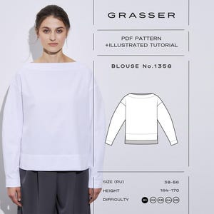 Puede incluir: Una blusa blanca de manga larga con escote barco y una banda ancha en el dobladillo. La imagen incluye el texto: GRASSER, PDF PATTERN + ILLUSTRATED TUTORIAL, BLOUSE No.1358, SIZE (RU) 38-56, HEIGHT 164-170, DIFFICULTY 01, y un dibujo técnico.