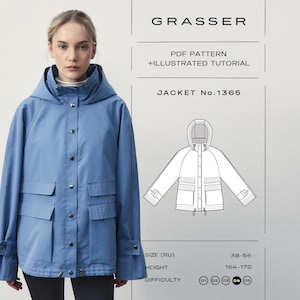 May include: A blue hooded jacket with a front button closure, four large flap pockets, and adjustable cuffs. The image includes text: GRASSER, PDF PATTERN + ILLUSTRATED TUTORIAL, JACKET No.1365, SIZE (RU) 38-56, HEIGHT 164-170, and a technical line drawing.