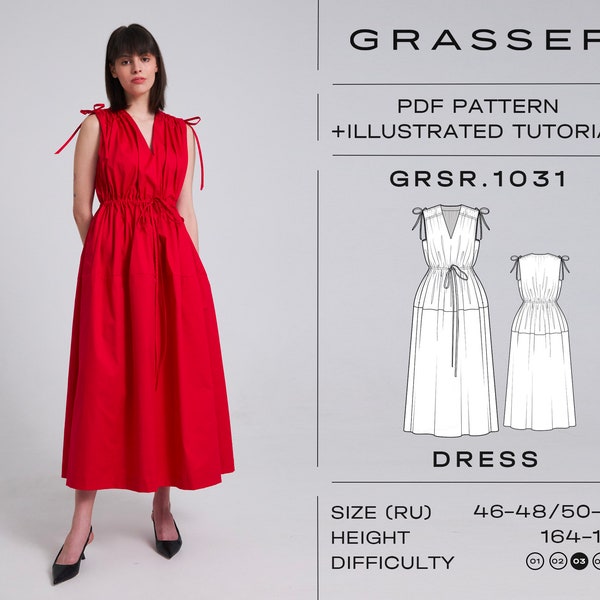 Dress sewing pattern with tutorial | sizes 46-48 / 50-52 (RU) | model No. 1031