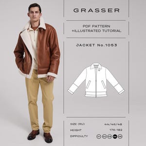 Könnte beinhalten: Eine braune Lederjacke mit cremefarbenem Shearling-Futter und -Kragen. Die Jacke wird mit beigefarbener Hose und braunen Schuhen getragen. Das Bild enthält eine Zeichnung der Jacke und den Text "GRASSER JACKET No.1053".