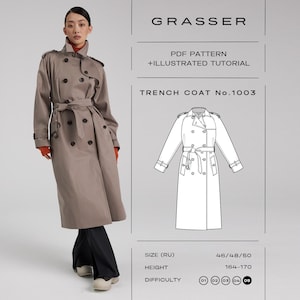 Może przedstawiać: Taupowy dwurzędowy trencz z paskiem, pagonami i ciemnymi guzikami. Obraz zawiera tekst: GRASSER, PDF PATTERN + ILLUSTRATED TUTORIAL, TRENCH COAT No.1003, SIZE (RU) 46/48/50, HEIGHT 164-170 oraz techniczny rysunek liniowy płaszcza.