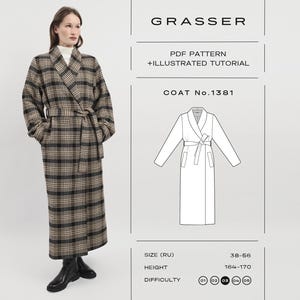 以下が含まれることがあります： ショールカラーとタイベルトが付いたチェック柄のロングコート。GRASSER PDF PATTERN + ILLUSTRATED TUTORIAL COAT No.1381と記された技術的な線画が添えられており、サイズ38-56、身長164-170、難易度03と記載されています。