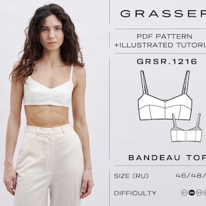 Könnte beinhalten: Ein Schnittmuster für ein weißes Bandeau-Oberteil mit einer Strichzeichnung des Oberteils. Das Schnittmuster ist für die Größen 46, 48 und 50. Das Schnittmuster ist mit "GRSR.1216" gekennzeichnet und wird als "Bandeau-Oberteil" bezeichnet. Der Schwierigkeitsgrad wird mit vier Kreisen angezeigt, wobei der erste Kreis ausgefüllt ist.