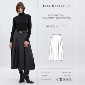 Pode incluir: Um molde de costura em PDF para uma saia midi plissada, rotulado como SKIRT No.1301 pela GRASSER. A imagem exibe um desenho técnico da saia ao lado de uma fotografia de um modelo vestindo uma gola alta preta e uma saia plissada cinza-escura.
