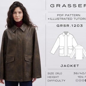 May include: A brown leather jacket with a zipper closure and two flap pockets. The jacket is shown on a model. The text on the image reads "GRASSER PDF PATTERN +ILLUSTRATED TUTORIAL GRSR.1203 JACKET SIZE (RU) 38/40/42 HEIGHT 164-170 DIFFICULTY 01 02 03 04 05"