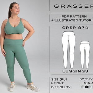 May include: A PDF sewing pattern for leggings, with an illustrated tutorial. The pattern is for sizes 50, 52, and 54, for a height of 164-170 cm. The difficulty level is rated 1-4, with 4 being the most difficult.