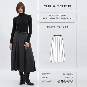 May include: A PDF sewing pattern for a skirt, labeled GRASSER SKIRT No.1301, featuring an illustrated technical drawing of a pleated skirt. The document includes size information for RU 50/52/54, height 164-170, and a difficulty level of 02.