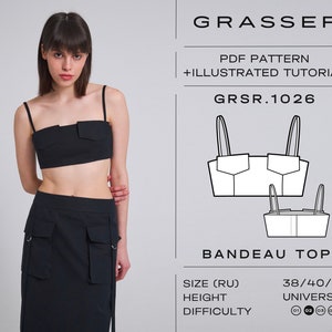 May include: A black bandeau top sewing pattern with a pocket detail. The pattern includes a PDF download and an illustrated tutorial. The pattern is for sizes 38, 40, and 42 and is suitable for all heights. The difficulty level is rated 1 to 5, with 5 being the most difficult.