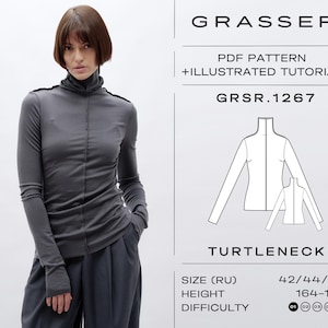 Peut inclure: Une femme porte un haut à col roulé gris et un pantalon gris foncé. L'image comprend un schéma du col roulé et le texte "GRASSER PDF PATTERN + ILLUSTRATED TUTORIAL" et "TURTLENECK". Le patron est de taille 42/44/46 et hauteur 164-170 cm.