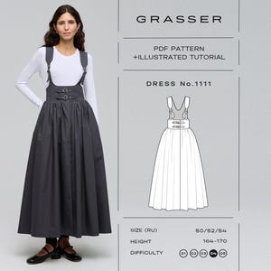 Puede incluir: Un vestido tipo pichi gris oscuro con un corpiño de cintura alta con dos correas de hebilla, usado sobre una blusa blanca de manga larga. El texto dice GRASSER, PDF PATTERN + ILLUSTRATED TUTORIAL, DRESS No.1111, SIZE (RU) 50/52/54, HEIGHT 164-170, DIFFICULTY 04.