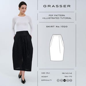 Puede incluir: Una mujer con una camisa blanca y una falda negra con bolsillos. La imagen incluye un diagrama de la falda y el texto "GRASSER PDF PATTERN + ILLUSTRATED TUTORIAL SKIRT No.1320". El patrón de la falda es para tallas 38/40/42 y alturas 164-170 cm.