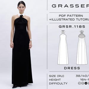 Può includere: Una donna indossa un abito nero all'americana con colletto bianco. L'immagine include un modello PDF e un tutorial illustrato di GRASSER. Il modello dell'abito è GRSR.1185. La taglia è 38/40/42 e l'altezza è 164-170 cm.