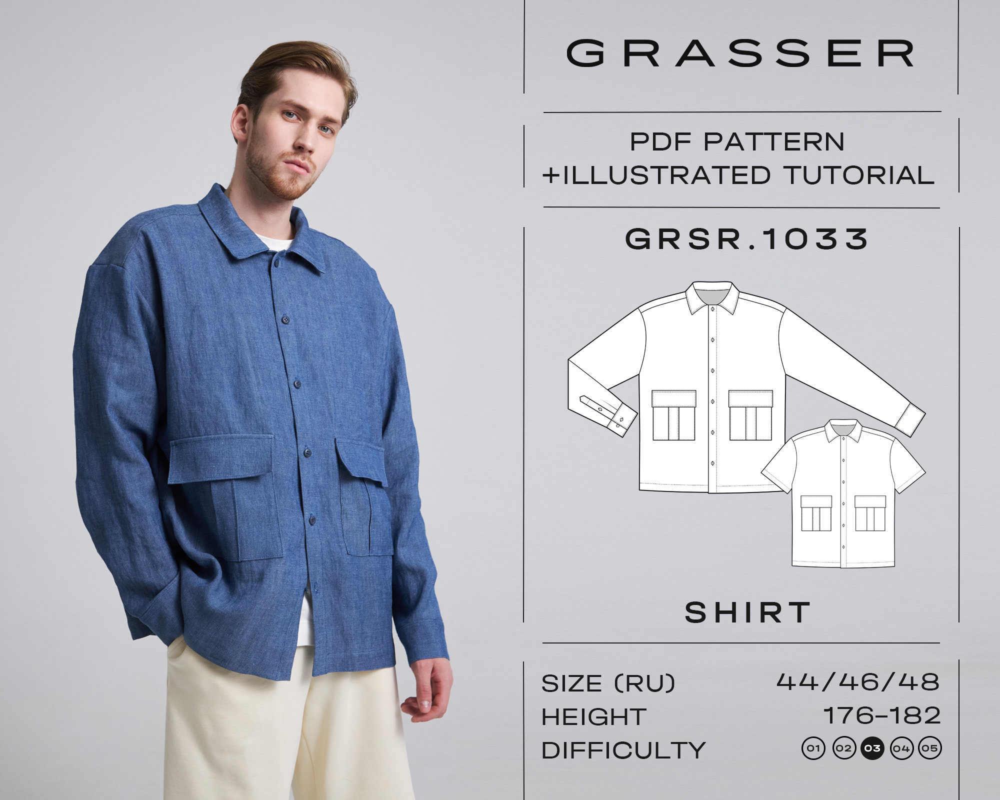 Shirt pdf sewing pattern for men | sizes 44 / 46 / 48 (RU) | model No. 1033