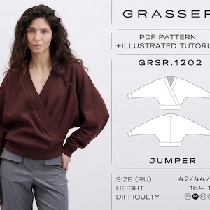 May include: A woman wearing a dark burgundy wrap-style jumper. The image includes a diagram of the jumper and text that reads "GRASSER PDF PATTERN + ILLUSTRATED TUTORIAL GRSR.1202 JUMPER". The jumper has a V-neck and long sleeves. The pattern is for sizes 42/44/46.