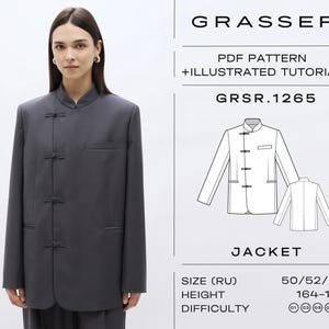May include: A dark gray jacket with a mandarin collar and frog closures. The image includes a diagram of the jacket and text that reads "GRASSER PDF PATTERN + ILLUSTRATED TUTORIAL GRSR.1265 JACKET". The jacket is worn by a person.