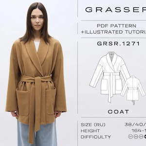 May include: A woman wearing a tan coat with a shawl collar and a matching belt. The coat has large pockets and is part of a PDF pattern with an illustrated tutorial. The text on the image reads "GRASSER", "GRSR.1271", and "COAT".