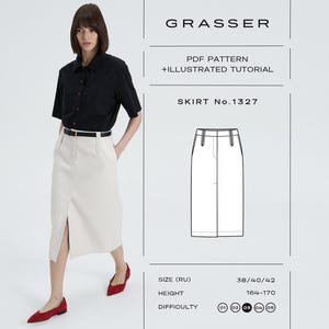 May include: A woman wearing a black short-sleeved shirt and a cream-colored skirt with a front slit. The skirt is paired with a black belt and red flats. The image includes text that says "GRASSER" and "SKIRT No.1327".