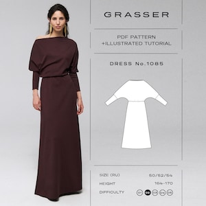 May include: A woman wearing a long, dark burgundy dress with long sleeves and an off-the-shoulder neckline. The image includes a pattern and text that reads "GRASSER PDF PATTERN + ILLUSTRATED TUTORIAL DRESS No.1085".