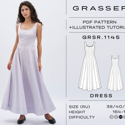 Maxi Dress Sewing Pattern PDF | Sleeveless A-line Fit and Flare Dress  Pattern | Sizes 38 / 40 / 42 (RU) | Model No. 1145 - Etsy