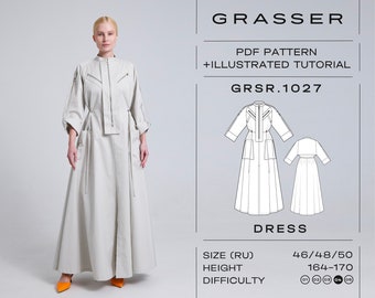 Könnte beinhalten: Ein digitales Schnittmuster für ein langes, graues Kleid mit einem Reißverschluss vorne und Taschen an den Seiten. Das Schnittmuster enthält eine detaillierte, illustrierte Anleitung und ist in den Größen 46, 48 und 50 erhältlich. Das Schnittmuster ist für eine Körpergröße von 164-170 cm ausgelegt und wird mit einem Schwierigkeitsgrad von 4 von 5 bewertet.