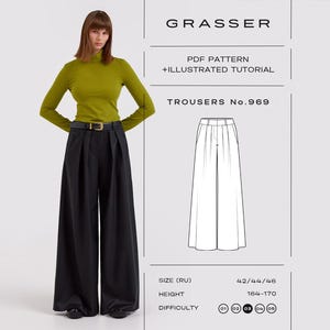 May include: A woman wearing a green turtleneck and black wide-leg trousers. The image includes a diagram of the trousers and text that reads "GRASSER", "PDF PATTERN + ILLUSTRATED TUTORIAL", and "TROUSERS No.969".