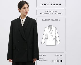 Op de afbeelding: Een zwarte double-breasted jas met een sjaalkraag en klepzakken. Daarnaast toont een technische tekening het jasontwerp met de tekst GRASSER, PDF PATTERN + ILLUSTRATED TUTORIAL, JACKET No. 1154, SIZE (RU) 42/44/46, HEIGHT 164-170 en DIFFICULTY 05.