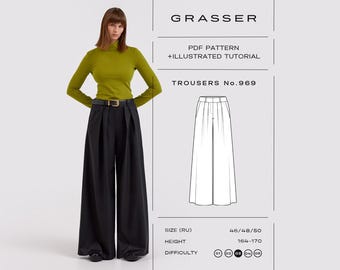 Wide Leg Trousers Sewing Pattern | Pleated Palazzo Pants | Sizes 46 / 48 / 50 (RU) | Model No. 969