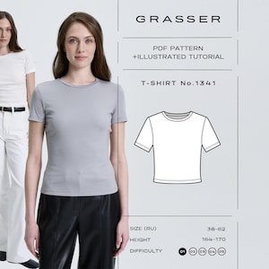 Könnte beinhalten: Ein digitales Schnittmuster für ein kurzärmeliges T-Shirt mit der Bezeichnung Grasser T-Shirt No. 1341. Das Bild zeigt ein graues T-Shirt, ein weißes T-Shirt und eine technische Strichzeichnung des Kleidungsstücks sowie Text für PDF-Schnittmuster, Anleitung und Größen.
