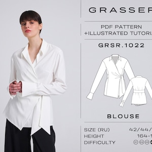 Puede incluir: Una blusa blanca con diseño de envoltura y mangas largas. La blusa tiene un cuello y una corbata en la cintura. El patrón incluye un dibujo de línea de la blusa en diferentes vistas. El texto en el patrón dice "GRASSER PDF PATTERN +ILLUSTRATED TUTORIAL GRSR.1022 BLOUSE SIZE (RU) 42/44/46 HEIGHT 164-170 DIFFICULTY (01) (02) (03) 04 05"