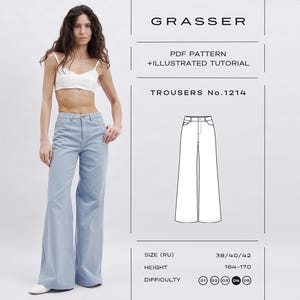 May include: A digital sewing pattern for trousers No. 1214 by Grasser, featuring a white crop top and light blue wide-leg trousers. The image includes a technical line drawing of the pants, text detailing the PDF pattern, tutorial, and size range.