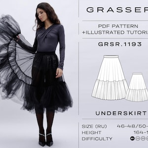 May include: A woman wearing a black tulle underskirt, paired with a dark gray long-sleeved top. The image includes a diagram of the underskirt and text that reads "GRASSER PDF PATTERN + ILLUSTRATED TUTORIAL GRSR.1193 UNDERSKIRT".