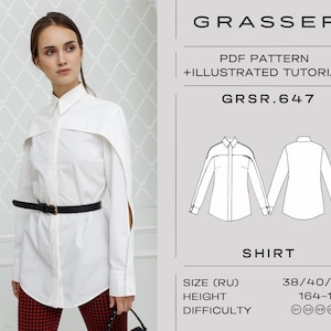Könnte beinhalten: Ein weißes Hemd mit einem einzigartigen kapuzenartigen Design, einem schwarzen Gürtel und einer rot-schwarz karierten Hose. Das Bild enthält auch ein PDF-Muster und eine illustrierte Anleitung für das Hemd mit dem Text "GRASSER" und "SHIRT".