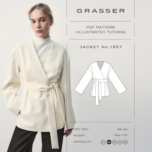 Puede incluir: Una chaqueta cruzada de color crema con mangas largas y cinturón de lazo, junto a un dibujo técnico etiquetado GRASSER PDF PATTERN + ILLUSTRATED TUTORIAL JACKET No.1357, con tallas 38-62 y altura 164-170 cm indicadas.