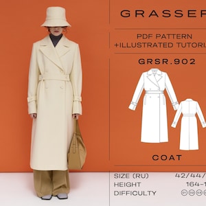 Könnte beinhalten: Ein weißer Mantel mit doppelreihigem Verschluss und Gürtel. Der Mantel wird an einem Modell gezeigt, das einen braunen Hut und eine braune Hose trägt. Das Bild enthält den Text "GRASSER", "PDF PATTERN + ILLUSTRATED TUTORIAL", "GRSR.902", "COAT", "SIZE (RU) 42/44/46", "HEIGHT 164-170", und "DIFFICULTY (01) (02) (03) 04 05".