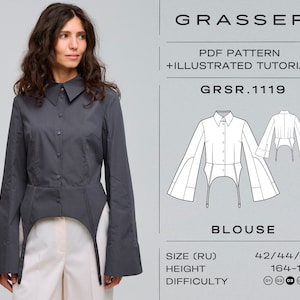 Op de afbeelding: Een donkergrijze blouse met lange, uitlopende mouwen en een knoopsluiting. De afbeelding bevat een diagram van de blouse en de tekst 'GRASSER', 'PDF PATTERN + ILLUSTRATED TUTORIAL', 'GRSR.1119' en 'BLOUSE'.