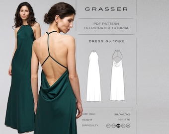 Patrón de costura para vestido largo sin espalda nº 1082 / Vestido de noche con espalda drapeada / Tallas 38 / 40 / 42 (RU)