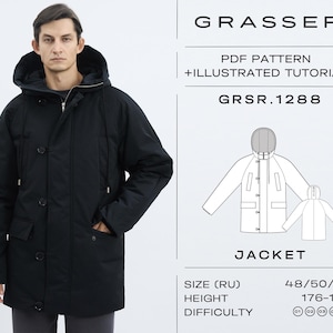 Può includere: Una giacca nera con cappuccio, chiusura a zip e bottoni. L'immagine include il testo "GRASSER PDF PATTERN + ILLUSTRATED TUTORIAL" e "JACKET". La giacca è indossata da una persona. La taglia del modello è 48/50/52, e l'altezza è 176-182 cm.