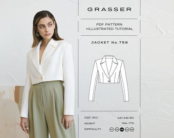 Puede incluir: Una chaqueta corta blanca de manga larga con cierre de un solo botón. La imagen incluye el texto: GRASSER, PDF PATTERN + ILLUSTRATED TUTORIAL, JACKET No. 759, SIZE (RU) 46/48/50, HEIGHT 164-170, y un dibujo lineal del diseño de la chaqueta.