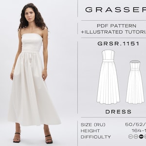 Peut inclure: Une robe blanche sans bretelles avec un corsage ajusté et une jupe fluide. La robe est portée par une personne. L'image comprend également un schéma de la robe, avec le texte "GRASSER PDF PATTERN + ILLUSTRATED TUTORIAL GRSR.1151 DRESS".